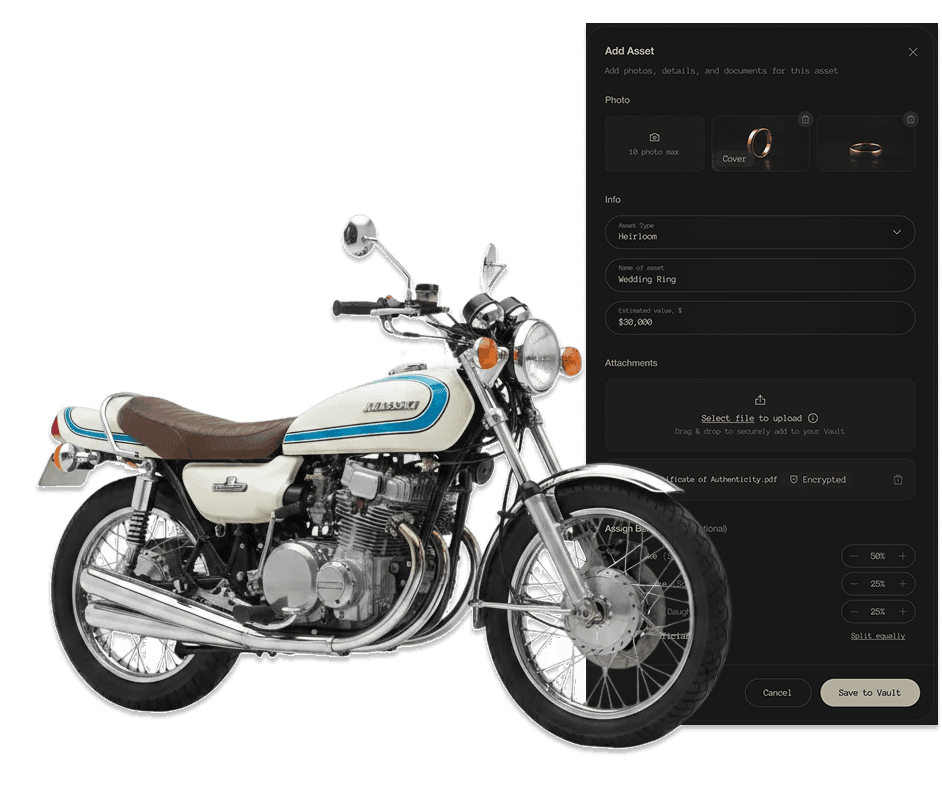 The Otherside Life add-asset panel cataloguing a vintage motorcycle as an heirloom, with photos, valuation, and beneficiary split