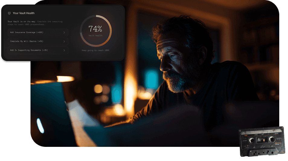 A man at a laptop in lamplight beside the Otherside Life vault-health panel showing 74 percent complete