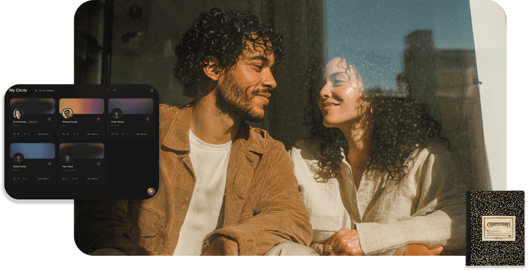 A couple in warm light beside the Otherside circle-of-support interface