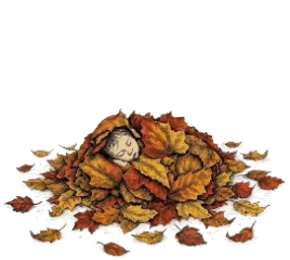 Animated line-drawing of a small sleeping figure curled up and settling into a pile of autumn leaves.