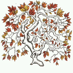 Animated line-drawing of a tree, its branches full of autumn leaves that scatter and fall away until only the bare branches remain.