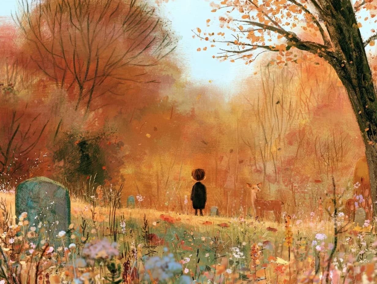 A small child stands with a deer at the edge of an autumn graveyard, surrounded by wildflowers and falling leaves.