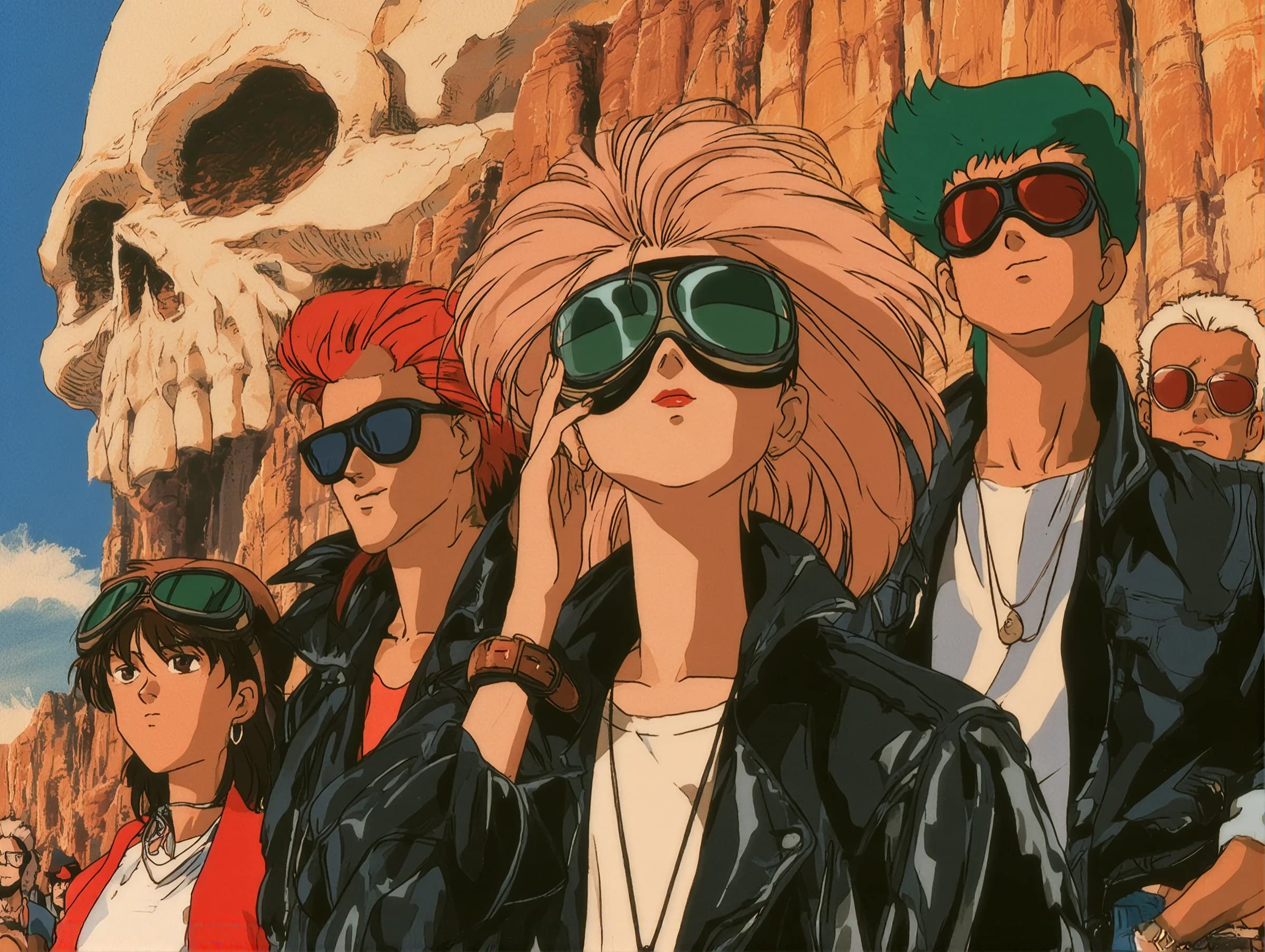 Retro 80s-style anime illustration of a group in goggles and leather jackets standing before a desert cliff face carved like a giant skull.