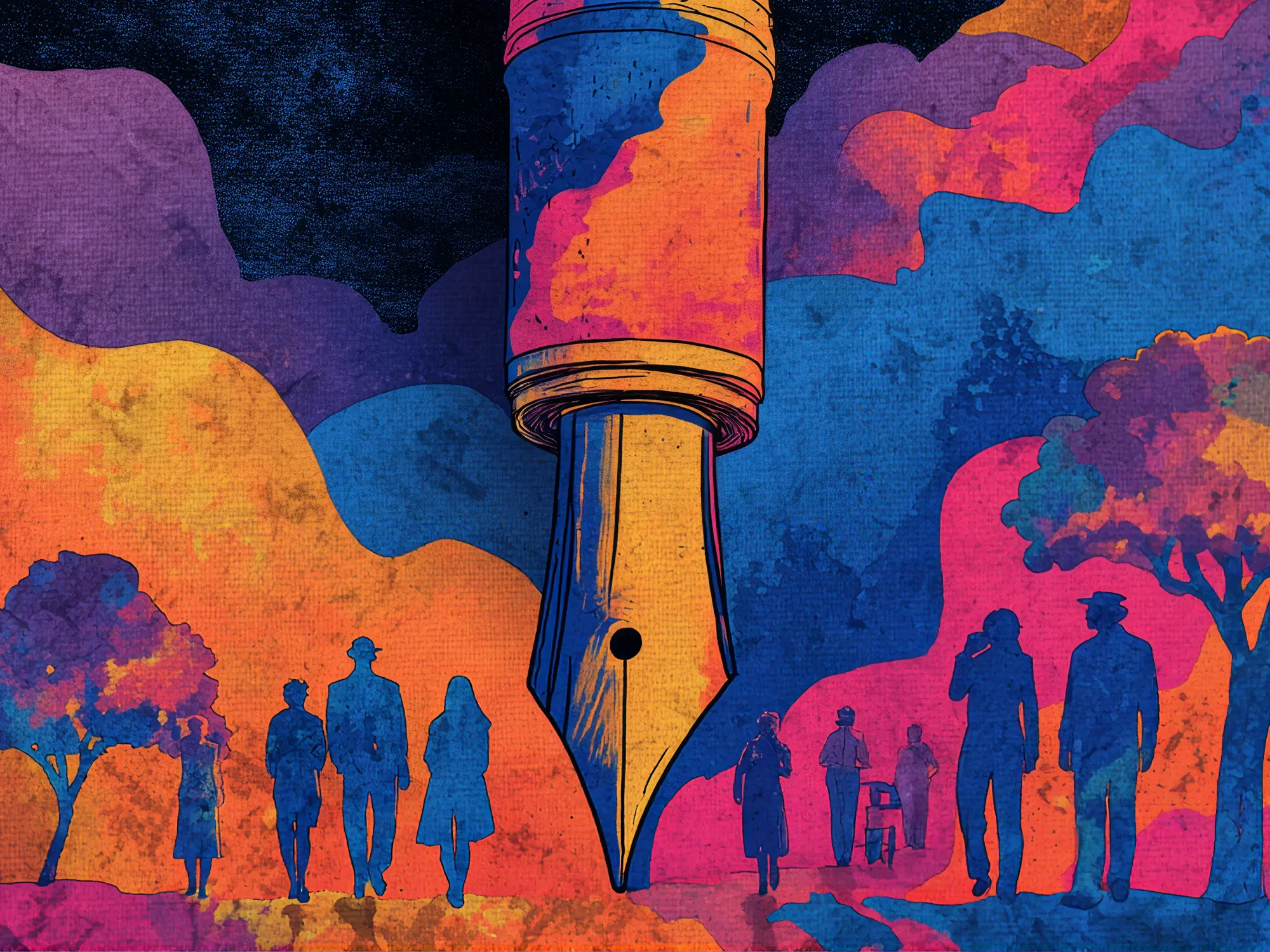 A colorful illustration of an oversized fountain pen standing over small silhouetted figures walking beneath autumn trees.