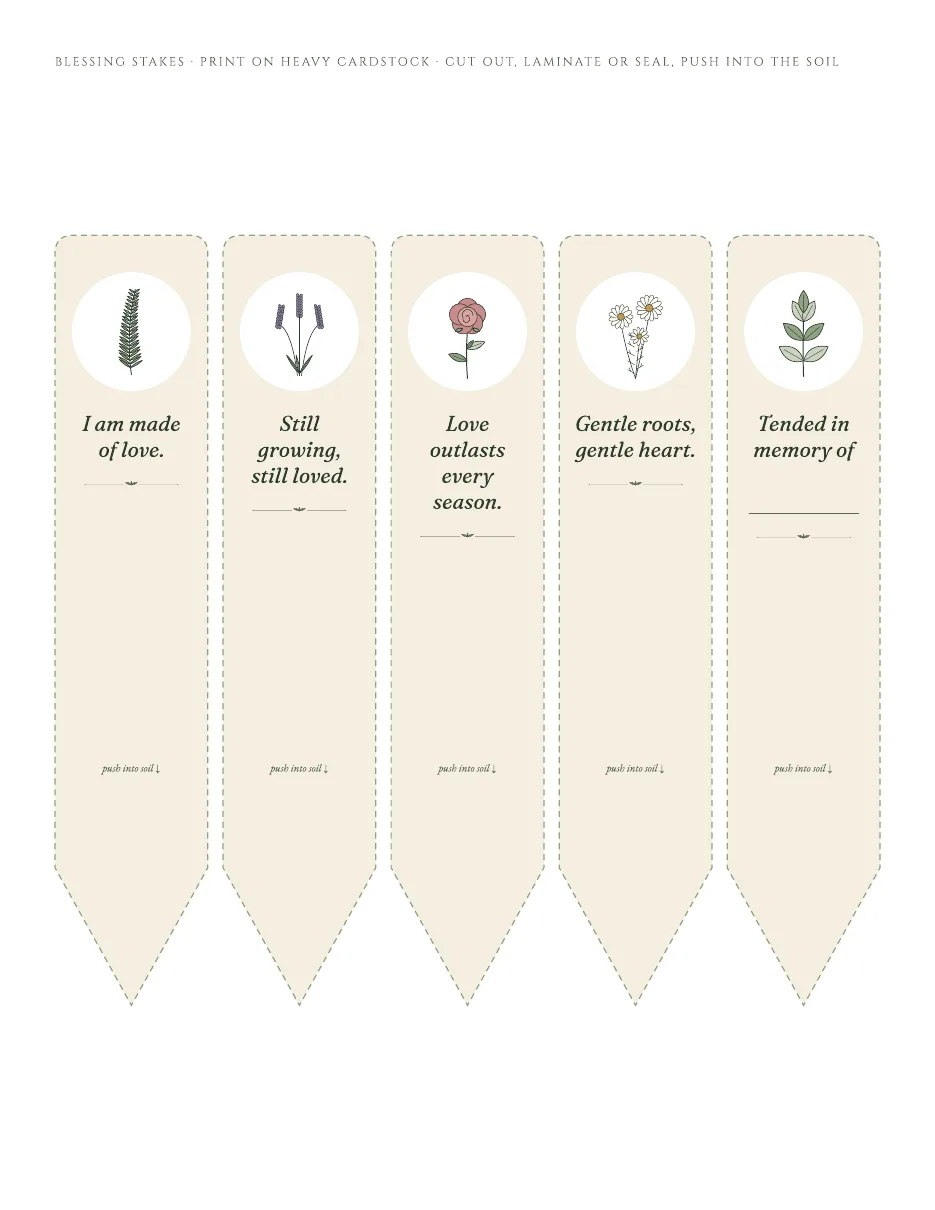 Five tall pointed blessing stakes, each with a small plant illustration and a line such as "I am made of love."