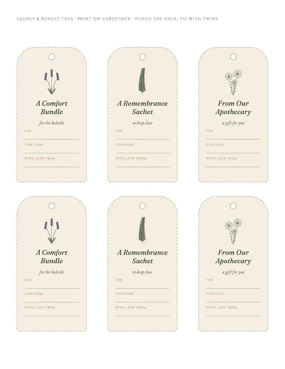 Sachet and bundle gift tags reading "A Comfort Bundle", "A Remembrance Sachet" and "From Our Apothecary".