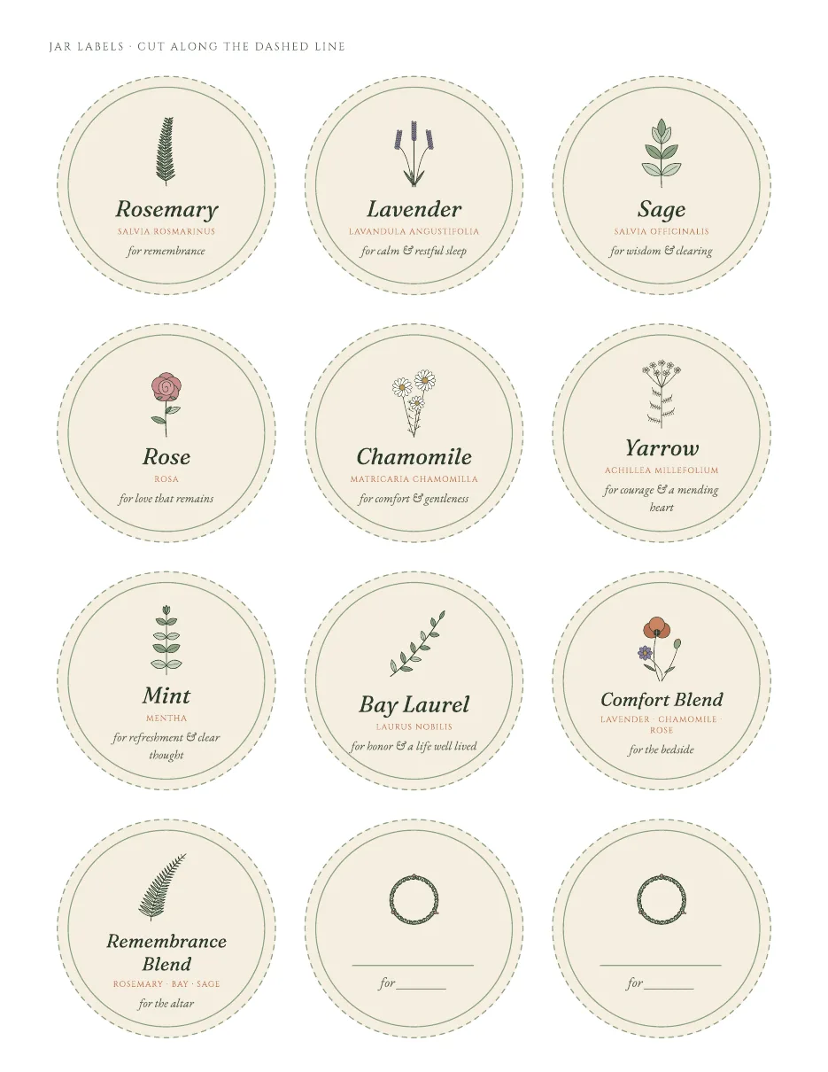 A sheet of round jar labels, each with a hand-drawn plant: rosemary, lavender, sage, rose, chamomile, yarrow, mint and bay laurel.
