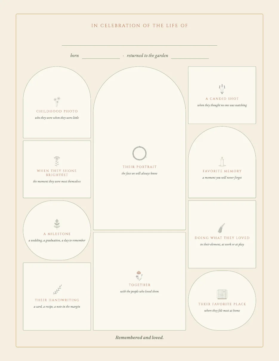 A cream collage template with arched and square frames labeled "Their portrait", "Childhood photo", "A candid shot" and more, under the heading "In celebration of the life of".