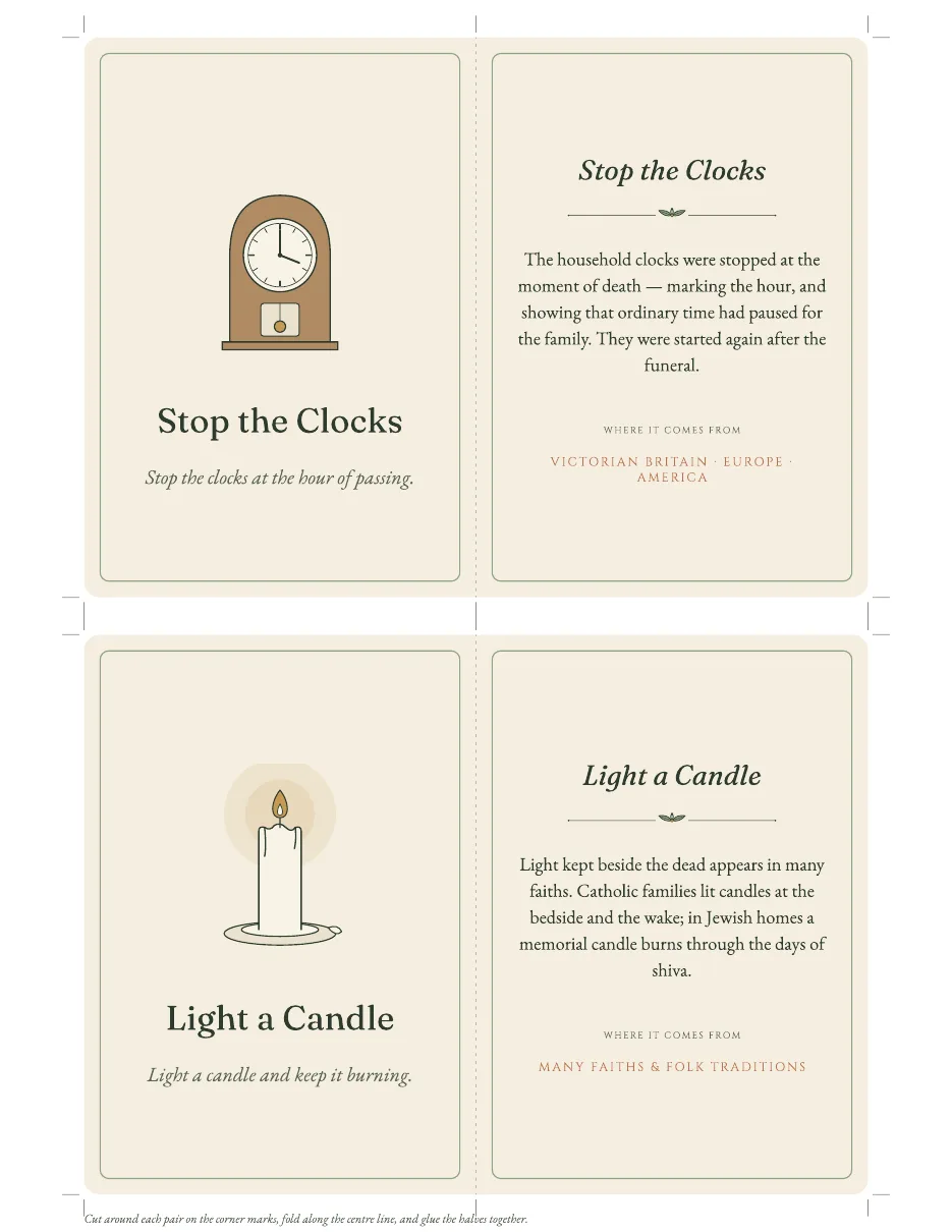 Two illustrated custom cards, "Stop the Clocks" and "Light a Candle", each with an explanation on the back.