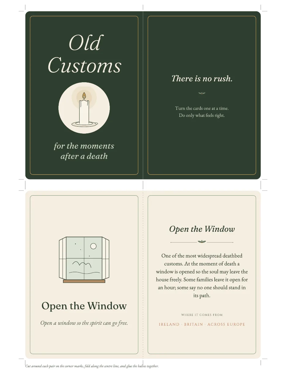 The deck cover, a dark green card reading "Old Customs, for the moments after a death" with a lit candle, beside a card reading "There is no rush".