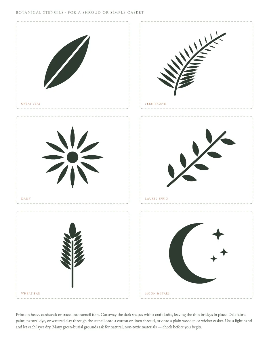 Six botanical stencils: a great leaf, a fern frond, a daisy, a laurel sprig, a wheat ear, and a moon with stars.