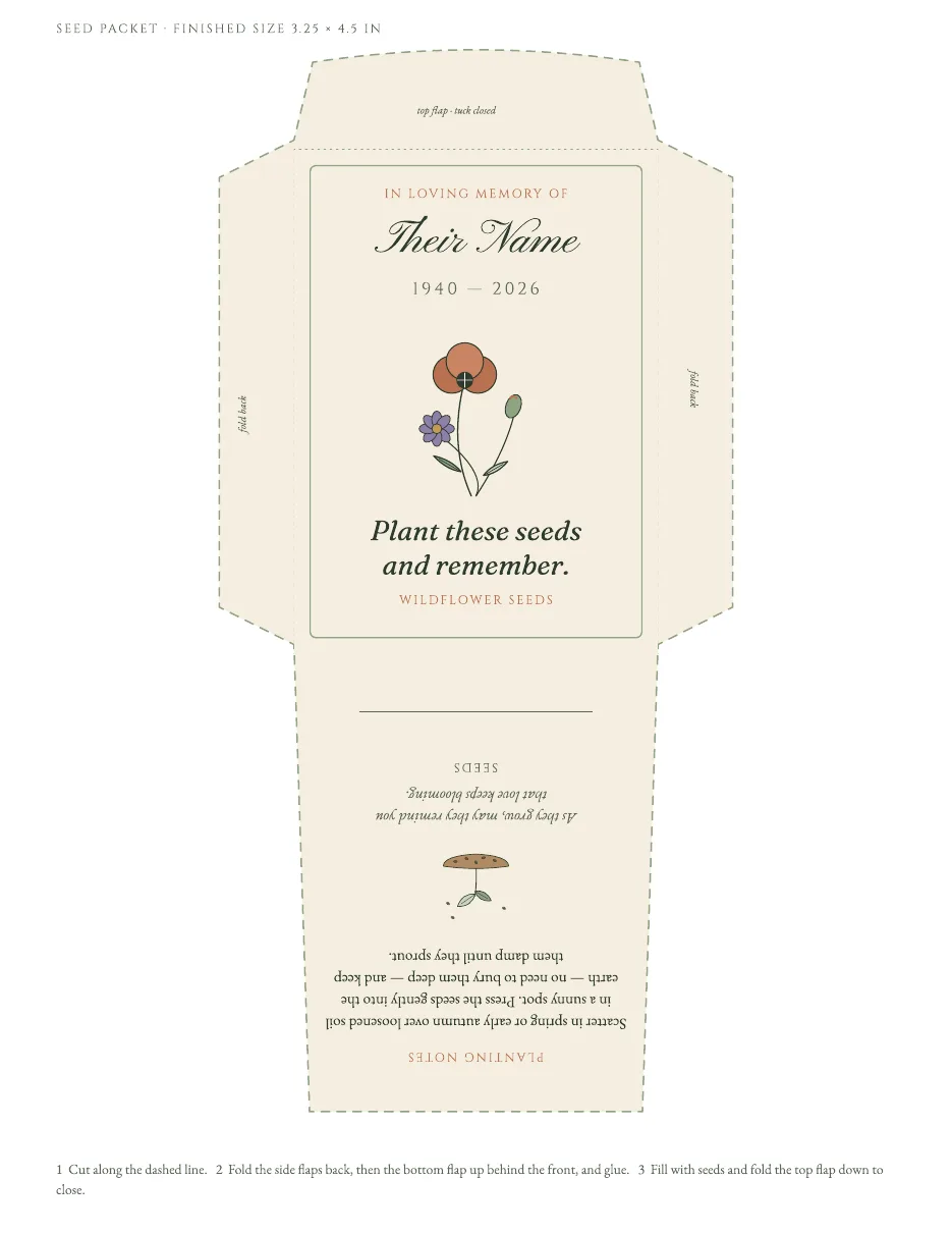 A cream seed packet template reading "In loving memory of Their Name" with wildflowers and the words "Plant these seeds and remember".