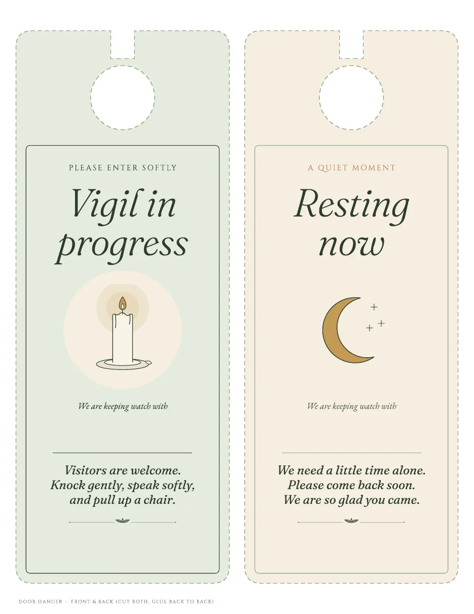 Two door hangers: a green one reading "Vigil in progress" with a candle, and a cream one reading "Resting now" with a crescent moon.