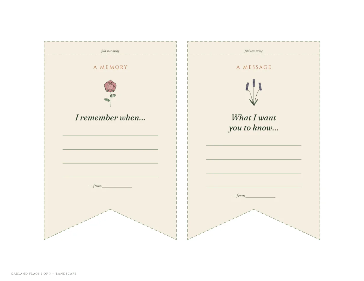 Two cream garland flags, one headed "A memory" and one "A message", with lines to write on.