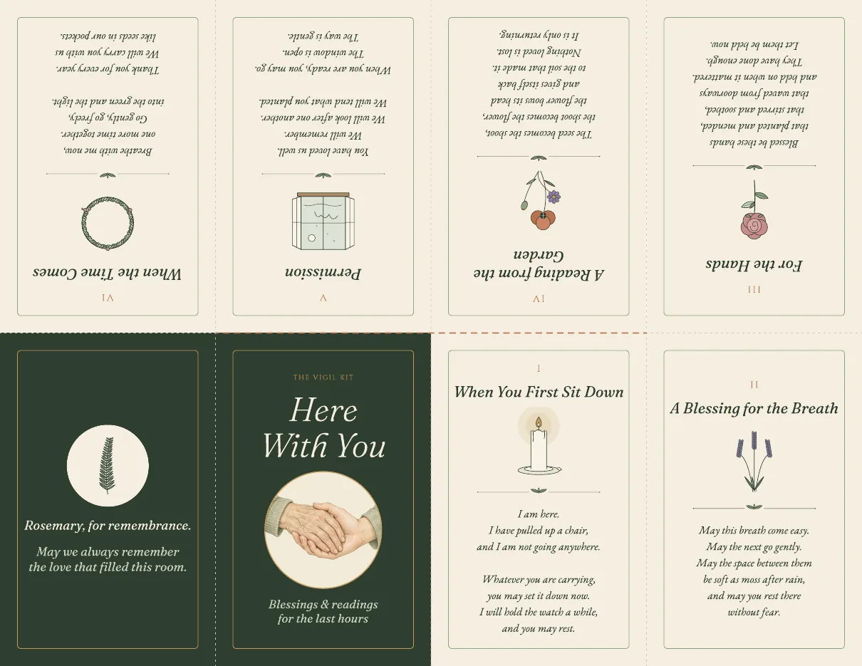 The "Here With You" pocket booklet printed on one landscape sheet: a dark green cover with clasped hands and cream pages of short blessings.